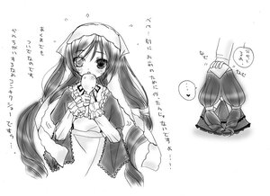 Rating: Safe Score: 0 Tags: 1girl blush dress food greyscale image long_hair long_sleeves monochrome solo suiseiseki User: admin