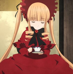 Rating: Safe Score: 0 Tags: 1girl auto_tagged blonde_hair bonnet bow closed_eyes cup dress drill_hair holding holding_cup image long_hair long_sleeves red_dress saucer shinku sitting solo table tea teacup twintails User: admin