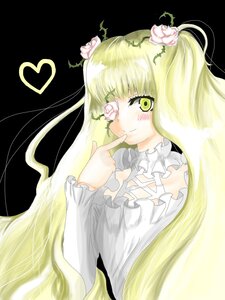 Rating: Safe Score: 0 Tags: 1girl bangs blonde_hair blush finger_to_mouth flower green_eyes hair_flower hair_ornament heart image index_finger_raised kirakishou long_hair rose simple_background smile solo very_long_hair vines User: admin