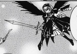 Rating: Safe Score: 0 Tags: 1girl boots dress fence greyscale hairband holding holding_weapon image long_sleeves monochrome solo standing suigintou text_focus weapon wings User: admin