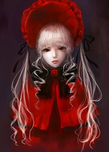 Rating: Safe Score: 0 Tags: 1girl bangs bonnet dress flower image lips long_hair long_sleeves looking_at_viewer pale_skin red_capelet red_flower red_rose rose shinku silver_hair simple_background solo upper_body very_long_hair User: admin