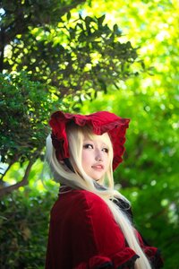 Rating: Safe Score: 0 Tags: 1girl blonde_hair blue_eyes bonnet capelet day lips lipstick long_hair looking_at_viewer makeup outdoors realistic red_dress shinku solo sunlight tree upper_body User: admin