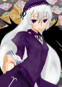 Rating: Safe Score: 0 Tags: 1girl black_wings dress flower hairband image long_hair long_sleeves looking_at_viewer purple_eyes purple_flower purple_rose ribbon rose silver_hair solo suigintou wings User: admin