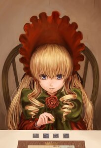 Rating: Safe Score: 0 Tags: 1girl absurdres bangs blonde_hair blue_eyes bonnet bow brown_background commentary_request dress drill_hair flower green_bow highres image long_hair long_sleeves looking_at_viewer red_flower red_rose rose rozen_maiden shinku simple_background solo tsun_(tsutaya01) twintails upper_body User: admin