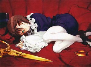 Rating: Safe Score: 0 Tags: brown_hair dress frills green_eyes heterochromia image lying on_side pantyhose red_eyes scissors short_hair solo souseiseki weapon User: admin