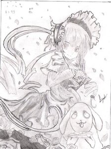 Rating: Safe Score: 0 Tags: 1girl bonnet dress drill_hair flower frills greyscale image long_hair long_sleeves looking_at_viewer monochrome petals shinku smile solo standing stuffed_animal traditional_media twintails very_long_hair User: admin