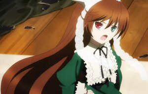 Rating: Safe Score: 0 Tags: 1girl brown_hair dress frills green_dress green_eyes heterochromia image long_hair long_sleeves looking_at_viewer open_mouth red_eyes ribbon solo suiseiseki tears very_long_hair User: admin