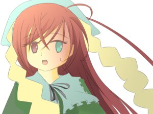 Rating: Safe Score: 0 Tags: 1girl ahoge dress green_dress green_eyes heterochromia image long_hair looking_at_viewer open_mouth red_hair ribbon simple_background solo suiseiseki upper_body white_background User: admin