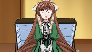 Rating: Safe Score: 0 Tags: 1girl :d brown_hair closed_eyes dress facing_viewer frills green_dress image indoors long_hair long_sleeves open_mouth ribbon smile solo suiseiseki very_long_hair User: admin