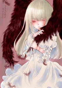 Rating: Safe Score: 0 Tags: 1girl bangs blood bloody_clothes bloody_hands dress image long_hair puffy_sleeves red_eyes solo suigintou tears white_dress white_hair User: admin