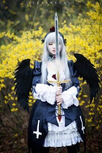 Rating: Safe Score: 0 Tags: 1girl angel angel_wings black_wings closed_eyes dress feathered_wings feathers frills halo holding long_hair solo standing suigintou white_hair white_wings wings User: admin