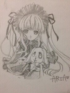 Rating: Safe Score: 0 Tags: 1girl dress frills image long_hair long_sleeves looking_at_viewer monochrome shinku simple_background solo stuffed_animal traditional_media upper_body very_long_hair User: admin