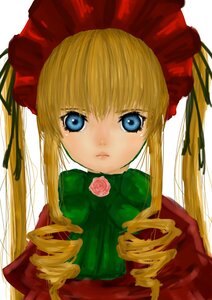 Rating: Safe Score: 0 Tags: 1girl bangs blonde_hair blue_eyes bonnet bow closed_mouth drill_hair expressionless flower green_bow image long_hair long_sleeves looking_at_viewer pink_rose rose shinku sidelocks simple_background solo twin_drills twintails upper_body white_background User: admin