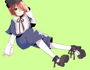 Rating: Safe Score: 0 Tags: 1boy brown_hair capelet green_background green_eyes hat image long_sleeves one_eye_closed pantyhose ribbon short_hair shorts simple_background solo souseiseki white_legwear User: admin
