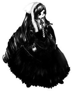 Rating: Safe Score: 0 Tags: 1girl dress drill_hair frills full_body gothic_lolita greyscale image lolita_fashion long_hair long_sleeves monochrome ribbon simple_background solo standing striped suiseiseki very_long_hair white_background User: admin