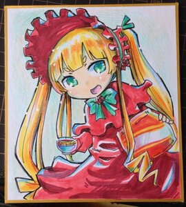 Rating: Safe Score: 0 Tags: 1girl bangs blonde_hair bonnet bow bowtie cup dress green_bow green_eyes holding holding_cup image long_hair long_sleeves looking_at_viewer marker_(medium) millipen_(medium) open_mouth photo red_dress shikishi shinku sidelocks simple_background smile solo traditional_media twintails watercolor_(medium) white_background User: admin