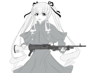 Rating: Safe Score: 0 Tags: 1girl assault_rifle dress eyebrows_visible_through_hair greyscale gun hair_ribbon holding image long_hair looking_at_viewer monochrome open_mouth ribbon rifle scope shinku smile sniper_rifle solo striped very_long_hair weapon white_background User: admin