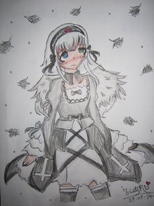 Rating: Safe Score: 0 Tags: 1girl blush bug butterfly closed_mouth dress grey_background hairband image insect leaf long_hair long_sleeves looking_at_viewer marker_(medium) signature silver_hair solo suigintou traditional_media User: admin