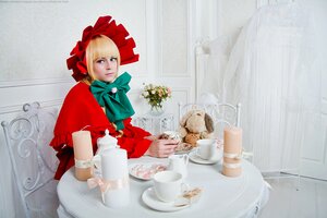 Rating: Safe Score: 0 Tags: 1girl blonde_hair blue_eyes bow capelet cup curtains dress flower saucer shinku sitting solo teacup User: admin