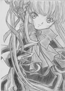 Rating: Safe Score: 0 Tags: 1girl bow dress flower frills greyscale image long_hair monochrome rose shinku solo traditional_media white_background User: admin