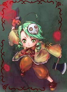 Rating: Safe Score: 0 Tags: 1girl ahoge drill_hair full_body green_eyes green_hair hat image kanaria long_sleeves short_hair solo weapon User: admin