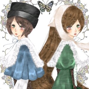 Rating: Safe Score: 0 Tags: 2girls blue_butterfly brown_hair bug butterfly dress flower frills green_eyes hat head_scarf insect long_hair long_sleeves looking_at_viewer multiple_girls rose short_hair siblings sisters souseiseki suiseiseki twins white_flower white_rose User: admin