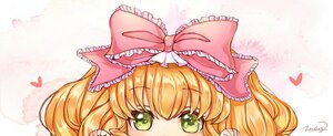 Rating: Safe Score: 0 Tags: 1girl blonde_hair bow eyebrows_visible_through_hair frills green_eyes hair_bow heart hina_ichigo hinaichigo image looking_at_viewer pink_bow signature solo User: admin