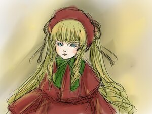 Rating: Safe Score: 0 Tags: 1girl blonde_hair blue_eyes bonnet bow bowtie closed_mouth dress green_neckwear image long_hair long_sleeves looking_at_viewer red_dress shinku sketch solo upper_body User: admin