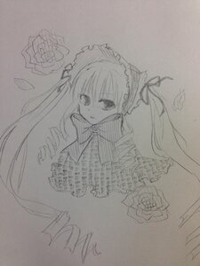 Rating: Safe Score: 0 Tags: 1girl bowtie dress flower frills image long_hair long_sleeves looking_at_viewer monochrome photo rose shinku simple_background solo traditional_media twintails User: admin