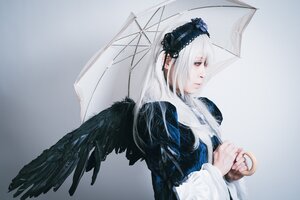 Rating: Safe Score: 0 Tags: 1girl black_umbrella black_wings closed_mouth feathered_wings feathers holding holding_umbrella lips long_hair parasol rain solo suigintou transparent transparent_umbrella umbrella white_hair wings User: admin