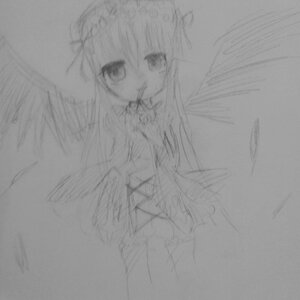 Rating: Safe Score: 0 Tags: 1girl feathered_wings greyscale image long_hair looking_at_viewer monochrome sketch solo suigintou traditional_media upper_body User: admin