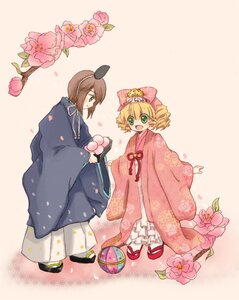 Rating: Safe Score: 0 Tags: 1boy 1girl blonde_hair bow brown_hair cherry_blossoms flower green_eyes hakama hat hinaichigo image japanese_clothes kimono open_mouth petals pink_flower short_hair smile solo User: admin