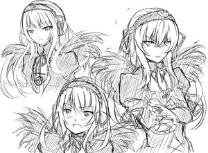 Rating: Safe Score: 0 Tags: 1girl blush closed_mouth eyebrows_visible_through_hair greyscale hairband image long_hair looking_at_viewer monochrome multiple_views open_mouth ribbon sketch smile solo suigintou upper_body white_background User: admin