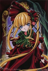 Rating: Safe Score: 0 Tags: 1girl blonde_hair blue_eyes bonnet bow bowtie dress flower green_bow image long_hair long_sleeves looking_at_viewer red_dress rose shinku sidelocks solo twintails watermark User: admin