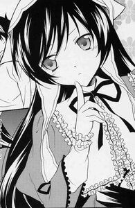 Rating: Safe Score: 0 Tags: 1girl blush finger_to_mouth frills greyscale image long_hair long_sleeves looking_at_viewer monochrome ribbon solo suiseiseki upper_body User: admin