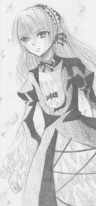 Rating: Safe Score: 0 Tags: 1girl bird dress feathers flower frills greyscale hairband image long_hair long_sleeves looking_at_viewer monochrome petals rose solo suigintou traditional_media User: admin