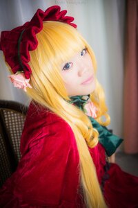 Rating: Safe Score: 0 Tags: 1girl bangs blonde_hair blue_eyes dress flower frills lips long_hair looking_at_viewer photo realistic red_dress shinku smile solo upper_body User: admin