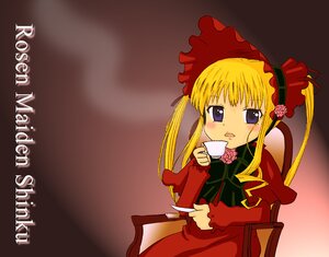 Rating: Safe Score: 0 Tags: 1girl :d blonde_hair blue_eyes blush bonnet bow chair cup dress holding_cup image long_hair long_sleeves looking_at_viewer open_mouth red_dress saucer shinku sidelocks sitting solo table teacup twintails User: admin