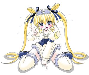 Rating: Safe Score: 0 Tags: 1girl blonde_hair blue_eyes blush dress drill_hair frills full_body garters hair_ribbon image long_hair long_sleeves open_mouth ribbon shadow shinku shoes sitting solo striped tears thighhighs twintails wariza white_background User: admin