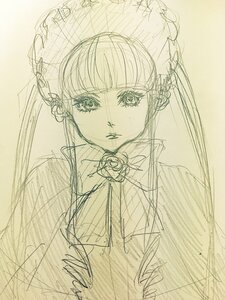 Rating: Safe Score: 0 Tags: 1girl bangs blunt_bangs bonnet dress flower image long_hair looking_at_viewer monochrome rose shinku simple_background sketch solo traditional_media upper_body User: admin