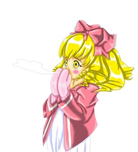 Rating: Safe Score: 0 Tags: 1girl blonde_hair bow dress hair_bow hina_ichigo hinaichigo image long_sleeves pink_bow scarf short_hair simple_background solo striped wings yellow_eyes User: admin