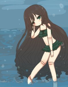 Rating: Safe Score: 0 Tags: 1girl bandaid barefoot bikini blush brown_hair doll_joints flat_chest green_eyes heterochromia image joints long_hair red_eyes solo suiseiseki swimsuit very_long_hair water User: admin