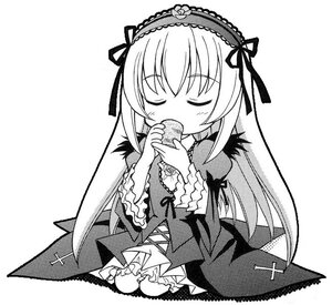 Rating: Safe Score: 0 Tags: 1girl blush closed_eyes dress eating frills greyscale hairband image lolita_hairband long_hair long_sleeves monochrome ribbon rose simple_background sitting solo suigintou wings User: admin