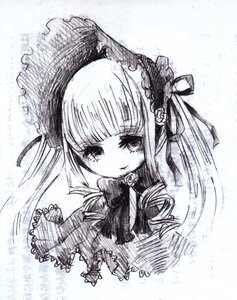 Rating: Safe Score: 0 Tags: 1girl bangs bow dress flower frills image long_hair long_sleeves looking_at_viewer monochrome rose shinku smile solo suigintou traditional_media User: admin