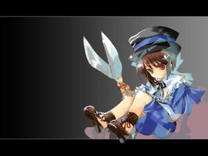 Rating: Safe Score: 0 Tags: 1girl blue_dress brown_footwear brown_hair dress frills full_body green_eyes hat heterochromia image letterboxed long_sleeves looking_at_viewer red_eyes short_hair simple_background solo souseiseki weapon User: admin
