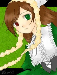 Rating: Safe Score: 0 Tags: 1girl blush brown_hair dress frills green_background green_dress green_eyes hat head_scarf heterochromia image long_hair long_sleeves looking_at_viewer red_eyes solo suiseiseki upper_body User: admin