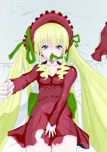 Rating: Safe Score: 0 Tags: 1girl blonde_hair blue_eyes dress image long_hair long_sleeves looking_at_viewer lying mouth_hold red_dress shinku solo twintails very_long_hair User: admin