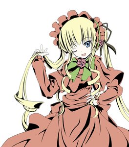 Rating: Safe Score: 0 Tags: 1girl blonde_hair blue_eyes bow bowtie dress flower image long_hair long_sleeves looking_at_viewer one_eye_closed open_mouth pink_flower pink_rose rose shinku sidelocks simple_background smile solo twintails very_long_hair white_background User: admin