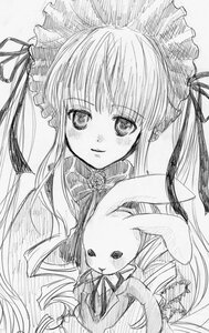 Rating: Safe Score: 0 Tags: 1girl blush bonnet greyscale image long_hair looking_at_viewer marker_(medium) monochrome ribbon shinku simple_background smile solo stuffed_animal traditional_media twintails upper_body white_background User: admin