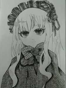 Rating: Safe Score: 0 Tags: 1girl bangs bow closed_mouth dress eyebrows_visible_through_hair frilled_hairband graphite_(medium) greyscale image long_hair looking_at_viewer monochrome photo shinku simple_background solo traditional_media upper_body User: admin